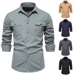 Men's Casual Shirts Spring And Autumn Cotton Pocket Shirt Mens Solid Color Long Sleeve British Slim Business Quality Men Work