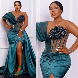 Hunter Green Plus size Aso Ebi Prom Illusione Mermaid High Split perline Elegante abito formale da sera per Black Women Girls Girls Birthday Giorni di fidanzamento Am254 AM254