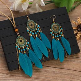 Necklace Earrings Set 2pcs Feather Earring Women's Vintage Sun Pattern Beads Chain Tassel Handmade Leather Rope