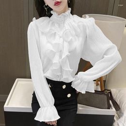 Women's Blouses White Stand Collar Chiffon Shirt For Women Korean Elegant Ruffles Stitching Button Long Flare Sleeve Blouse Office Lady Work