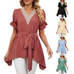 Women's Blouses Spring Summer Blouse Women Solid Colour Lace Stitching V-neck Short Princess Sleeves Loose Lace-up Chiffon Shirt