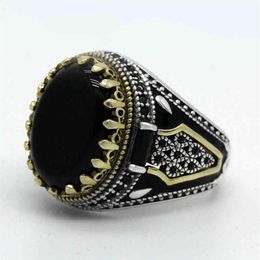 Natural Black Agate Stone for Men 925 Sterling Silver Golden Crown King Male Ring Vintage Turkish Handmade Jewelry Gift231g