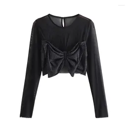 Women's Blouses 2023 Women Black Bow Spliced Knitted Top Spring/Summer Fashion Versatile Slim Fit Sexy Open Navel Tops