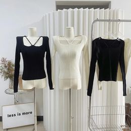 Women's Sweaters Hollow Out Jumpers Knit Long Sleeve Top Pullovers Cross Neck Halter Sweater Women Casual Autumn Winter