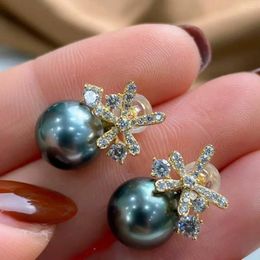 Dangle Earrings Charming 10-11mm Tahitian Round Black Green Pearl Earring925s