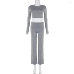 Women's Two Piece Pants Women Yoga Set 2-piece Solid Colour Crop Top Trousers With Round Neck Long Sleeve Low Waist For Comfortable