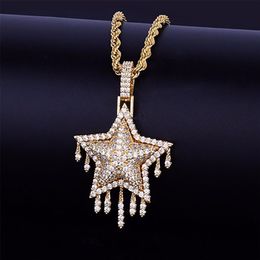 14K Gold Plated Icy Lab Diamond Star Drip Pendant Men Women with 24 Rope Chain Necklace Silver Gold Colour Zircon Hip Hop Jew1689