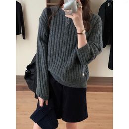 Women's Sweaters Mohair Pit Ribbed Striped Zipper Neck Solid Sweater 2023 Autumn Korean Pullovers