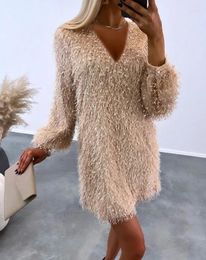 Casual Dresses Fashion Women Fall Winter Dress Fluffy Sexy V-Neck Long Sleeve Loose Straight Mini