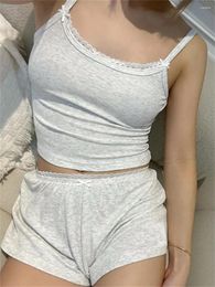 Women's Sleepwear Y2K Women 2 Piece Outfits Fairycore Vintage Bow Lace Trim Cami Crop Tops Elastic Waist Shorts Chic Pyjama Set