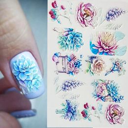 Nail Stickers 3D Acrylic Engraved Flower Sticker Blue Pink Colour Water Decals Empaistic Slide Z0479