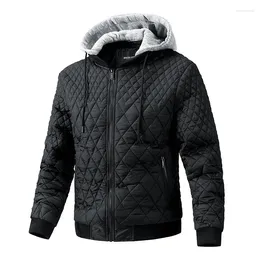 Men's Jackets Autumn Winter Warm Wear Diamond Plaid Jacket Slim Removable Cap Cotton Coats Fashion Men Clothes Zipper Pocket Tops