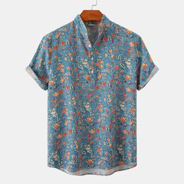 Men's Casual Shirts Oldyanup Men Floral Print Shirt Slim Fit Short Sleeved Stand Collar Pullover Tops Summer Fashion Beach Style Male