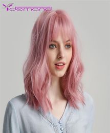 Pink Short Bob Body Wave Synthetic Wig Women039s Cosplay Wig with bangs2429730