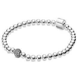 Genuine 925 Sterling Silver Bangle Smooth Beads Pave Crystal Ball Bracelet Fit Bead Charm Diy Fashion Jewelry217s