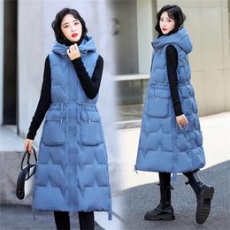 Women's Vests 2023 Korean Winter Sleeveless Waistcoats Women Black Hooded Long Parkas Vest Warm Zipper Clothes Down Coats Parka Outerwear
