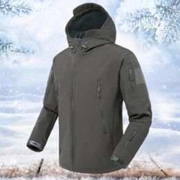 Men's Jackets Autumn Winter Men Hoodie Jacket Waterproof Solid Colour Drawcord Male Windbreaker Fleeced Camping Hunting Coat For Outdoor