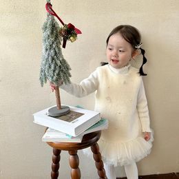 Clothing Sets Autumn Winter Children Girls 3PCS Set Turtleneck Top Pearls Gauze Hem Sundress Solid Fleece Woollen Caot Baby Girl Suits