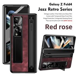 Retro Leather Folding Stand Phone Case For Samsung Galaxy Z Fold 4 Galaxy 5 fold5 Matching pens Retro Support Fold Phone Covers