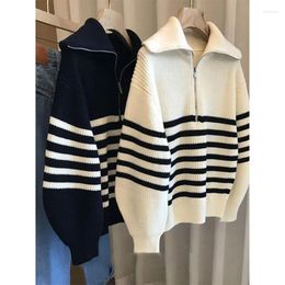 Women's Sweaters Lapel Zipper Contrast Color Striped Pullover Sweater Cardigan Winter Simple Style Knit Casual Loose Inside