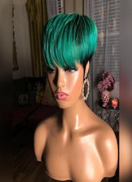 Short Straight Bob Pixie Cut None Lace Front Human Hair Black BlondeOmbre Blonde Green Wig With Natural Bangs For Women2093637