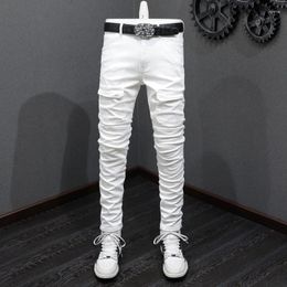 Men's Jeans High Street Fashion Men White Elastic Stretch Skinny Spliced Biker Pocket Patched Designer Hip Hop Pants Hombre