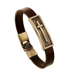 KaiMin Classic Christ Cross Men Women Leather Bracelet Simple Brown Steel Button Neutral Accessories Hand-woven Jewelry Gifts Char213L