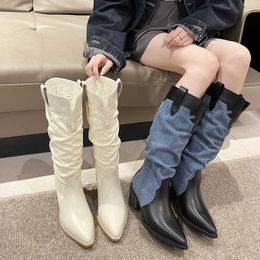 Long Boots for Women with Pointed Toes and Thick Heels New Western Cowboy Autumn Winter Large Flat Mouth High Leg Knight