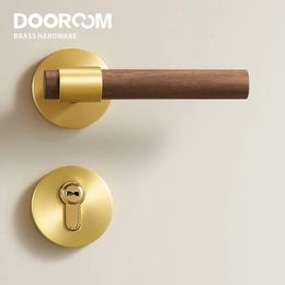 Dooroom Brass Walnut Door Lock Set Modern Interior Bedroom Bathroom Double Wood Door Lever Set Dummy Handle Knob 231222