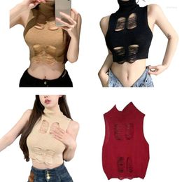 Women's Tanks Y166 Women Sexy Sleeveless Hollow Out Ripped Knit Sweater Vest Turtleneck Crop Top