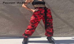 European Fashion Women Red Camo Cargo Pants HipHop Dance Red Camouflage Trousers Femme Jean Trousers Pantalon Mujer277L6700770