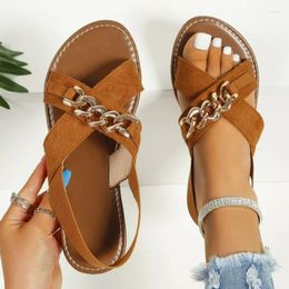 Sandals Ladies Fashion Metal Chain 2023 Summer Solid Color PU Slip On Flat Bottom Casual Holiday Beach Women Shoes