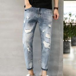 Men's Jeans Slim Fit Gradient Color With Ribbed Holes Multi Pockets Ankle Length Long Pants For Colorfastness