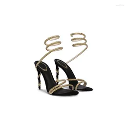 Dress Shoes Snake Shaped Wrapped Sandals For Women's Summer Fashion 2023 Black Internet Famous Sexy Rhinestone Slim Heel High Heels With