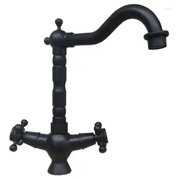 Bathroom Sink Faucets Black Oil Rubbed Brass Swivel Spout Double Cross Handles Kitchen Bar Vessel Basin Faucet Mixer Tap Anf318