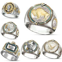 6Pcs lotsHip Hop Two-tone Men Band Rings Buffalo Nickel Honouring The American West Ethnic Style Jewellery Mens Ring Size 7-12222a