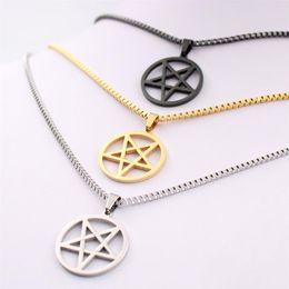 pentagram satanic symbol Satan worship Wicca Pentacle stainless steel pendant necklace Silver gold black 2 4mm 24 inch box chain f266T