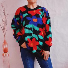 Women's Sweaters Winter Stylish Embroidery Floral Print Crew Neck Loose Casual Knitting Elegant Female Pullovers Outwear C5605