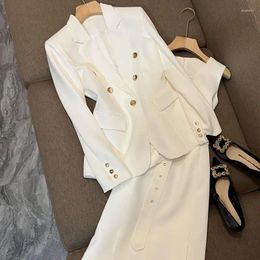 Work Dresses Autumn 2023 White Dress Suit Temperament Style Advanced Irregular Tank Blazer Coat Two Piece Set Women Outfits