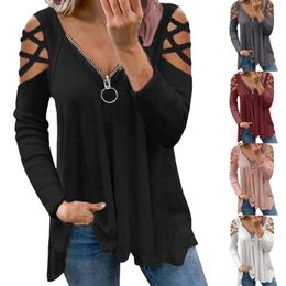 Women's T Shirts Women Fashion Sexy V Neck Collar Zipper Colour Long Sleeve Fold Casual Blouse Tops