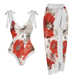 Women's Swimwear V Neck Floral Print Beach Wear One Piece Swimsuit And Cover Up Style Bathing Suits Sexy Fashion