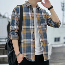 Men's Casual Shirts Mens Korean Trend Loose Handsome Plaid Long Sleeved Cardigan Shirt Blouses For Male Spring Autumn Chemise