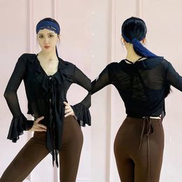 Stage Wear 2023 Women Latin Dance Clothes Black Mesh Coat Rumba Samba Practise Adult Modern ChaCha Dancing Performance Tops YS5206
