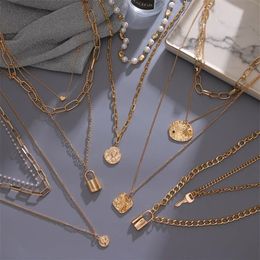 2021 Vienkim Vintage Muti Layered chain Necklace For Women Gold Color Pearl Coin Statement Wide Pendant Necklaces Collar Jewelry N266J