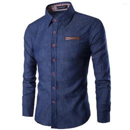 Men's Casual Shirts Spring Autumn Fashion Pocket Patchwork Cotton Long Sleeve Shirt Men Dress Denim Plaid Collar Blue Tops