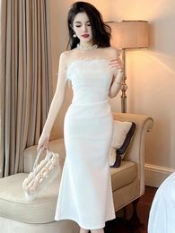 Casual Dresses Fashion White Long Evening Dress Women Ladies Clothes Elegant Sexy Chest Wrapped Skinny Slim Midi Party Prom Mujer Robe