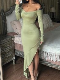 Casual Dresses Women's Off-Shoulder Long Dress Solid Color Sleeve Ruched Backless Asymmetrical Hem Slim