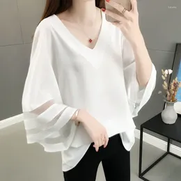 Women's Blouses Hollow Out Organza White Chiffon Shirt For Women Summer Korean Flared Sleeves Bottoming Blouse Loose V Neck Top L-4XL