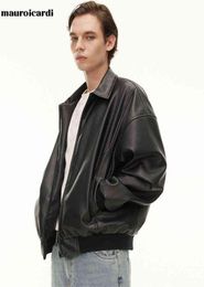 Mauroicardi Spring Autumn Black Oversized Faux Leather Bomber Jacket Men with Drop Shoulder Long Sleeve Loose Casual Clothes L22088114774