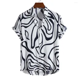 Men's Casual Shirts Men Black White Stripe Lapel Button Down Short Sleeve Hawaiian Beach Shirt Holiday Vacation Clothing Chemise
